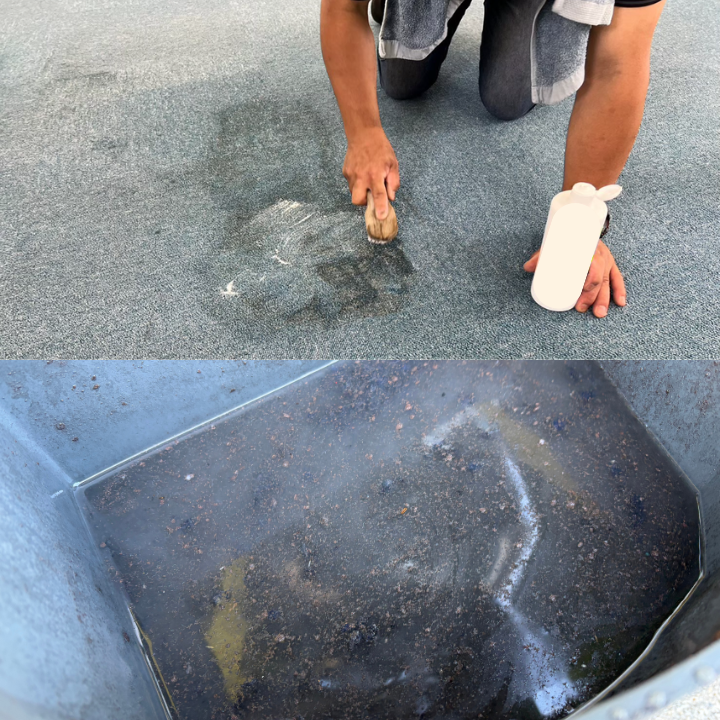 カーペット洗浄で回収した汚水と手作業でのシミ取り作業