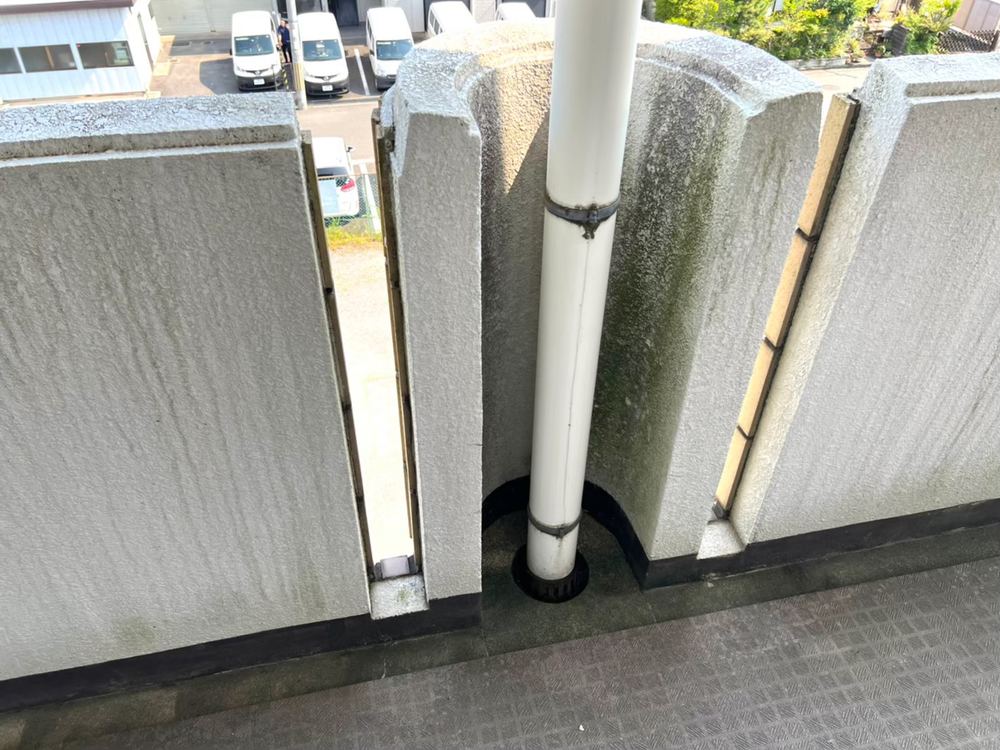 コケと黒ずみがついたバルコニーの手すり壁（洗浄前）