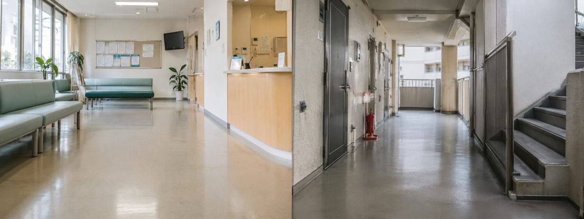 クリニックの待合室とマンションの共用廊下