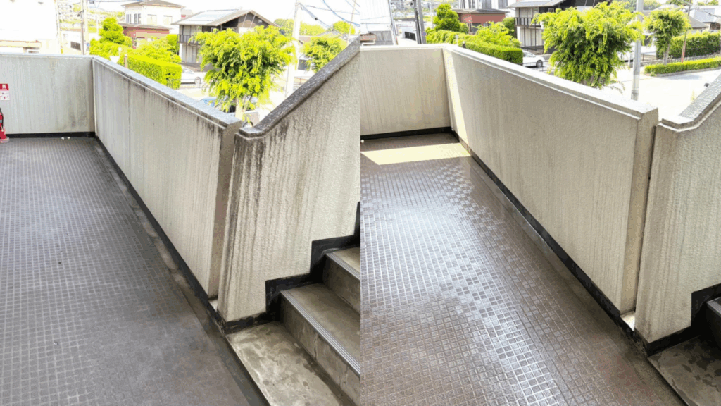 マンション共用部の高圧洗浄作業効果を前と後で比較/京都府京田辺市