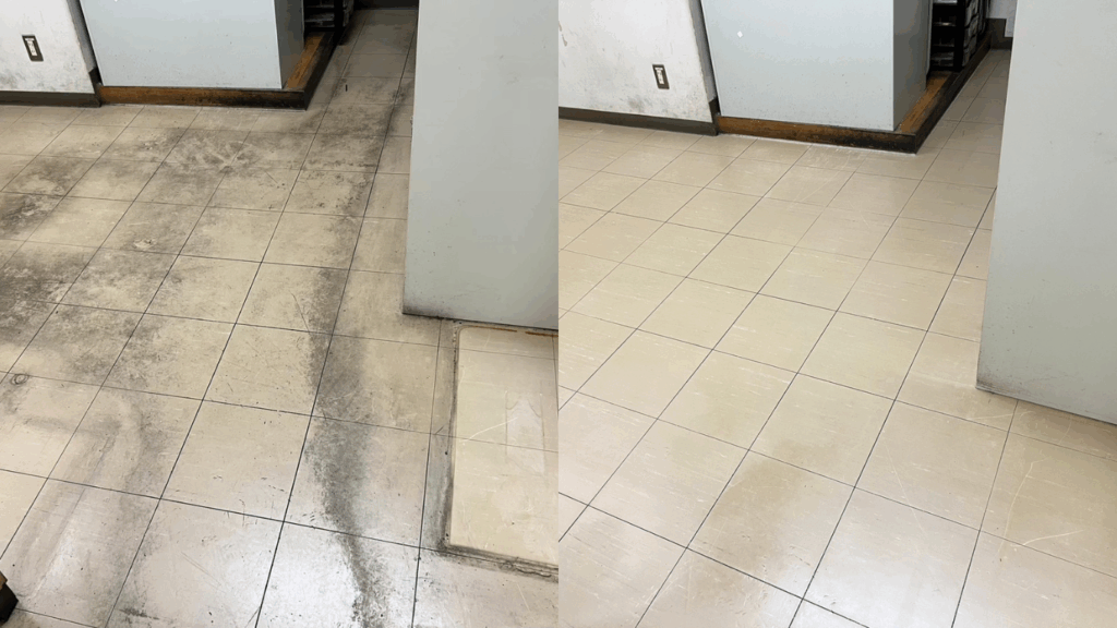 大学病院食堂のフロアクリーニング作業の前と後を比較 大学病院食堂のフロアクリーニング